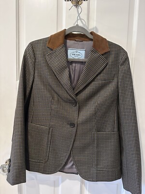 PRADA SUEDE AND CORDUROY-TRIMMED HOUNDSTOOTH WOOL AND MOHAIR-BLEND BLAZER PRADA