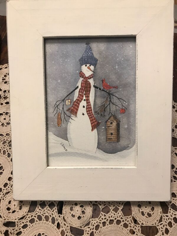 L. Spivey Framed Christmas /Winter Art Snowman With Cardinal & Birdhouse-182