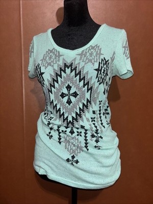 NWT  VOCAL Womens CRYSTAL EMBELLISHED MINERAL Green DYED AZTEC SHIRT Small