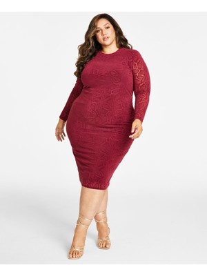 NINA PARKER Womens Burgundy Long Sleeve Midi Party Body Con Dress Plus 3X