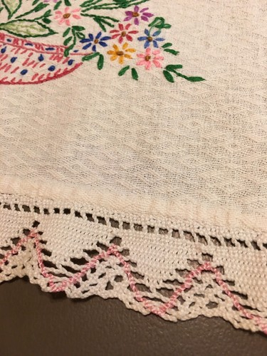 Vtg Red Flower Basket Dresser Scarf Table Runner Hand Embroidered 38x14 B50