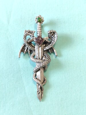 Vintage Signed C CL Pewter Pendant Sword Cobra Dragon