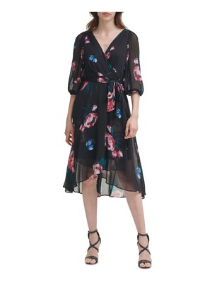 

DKNY Женское черное вечернее платье с запахом длиной ниже колена на подкладке с поясом и рукавами 3/4, Черный