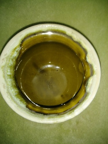 HULL Pottery Avocado Green Drip Glaze Bean Pot Metal Handle 3 Footed