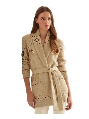 

RALPH LAUREN Женский бежевый кардиган с поясом и логотипом, длинными рукавами и шалевым воротником, размер