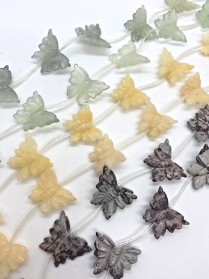 Butterfly Stone Carved Beads 25x30mm Green Jade / Yellow Jade / Jasper 10 Pieces