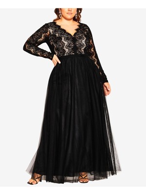 

CITY CHIC Женское Черное Коктейльное Платье Макси с Длинным Рукавом + Расклешенное Платье Плюс XS\14, Черный