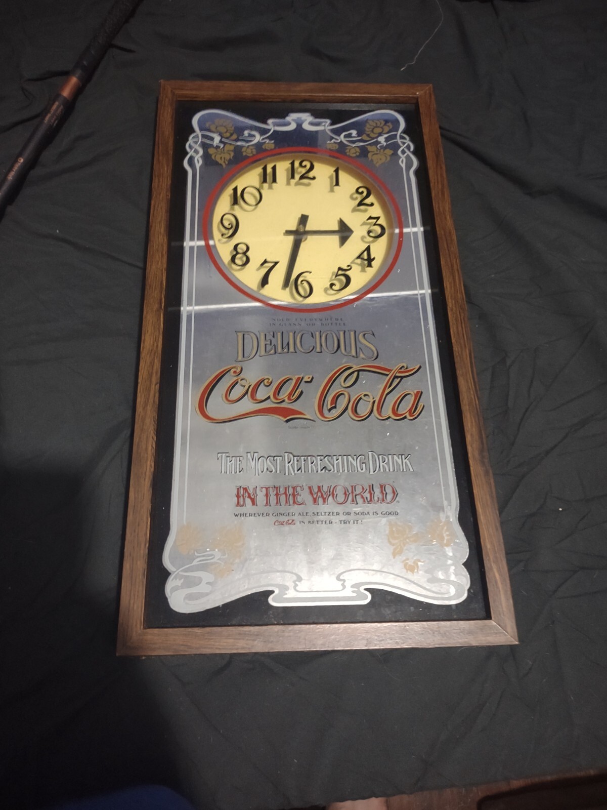 Vintage COCA COLA Mirrored Wall Clock Wood Battery Powered Bar Pub