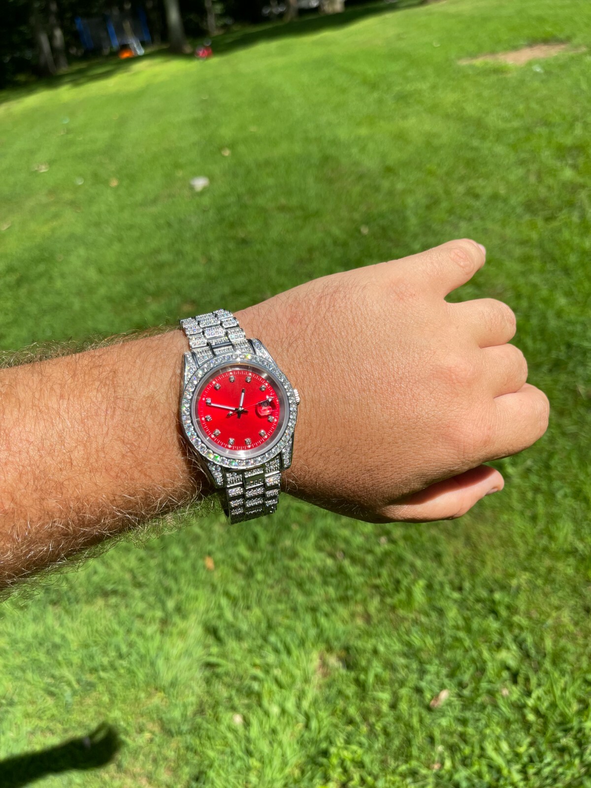 Pre-owned Harlembling Men Red Dial Presidential Real Ss 41mm Watch Fully Iced 12ct Flooded Out Cz