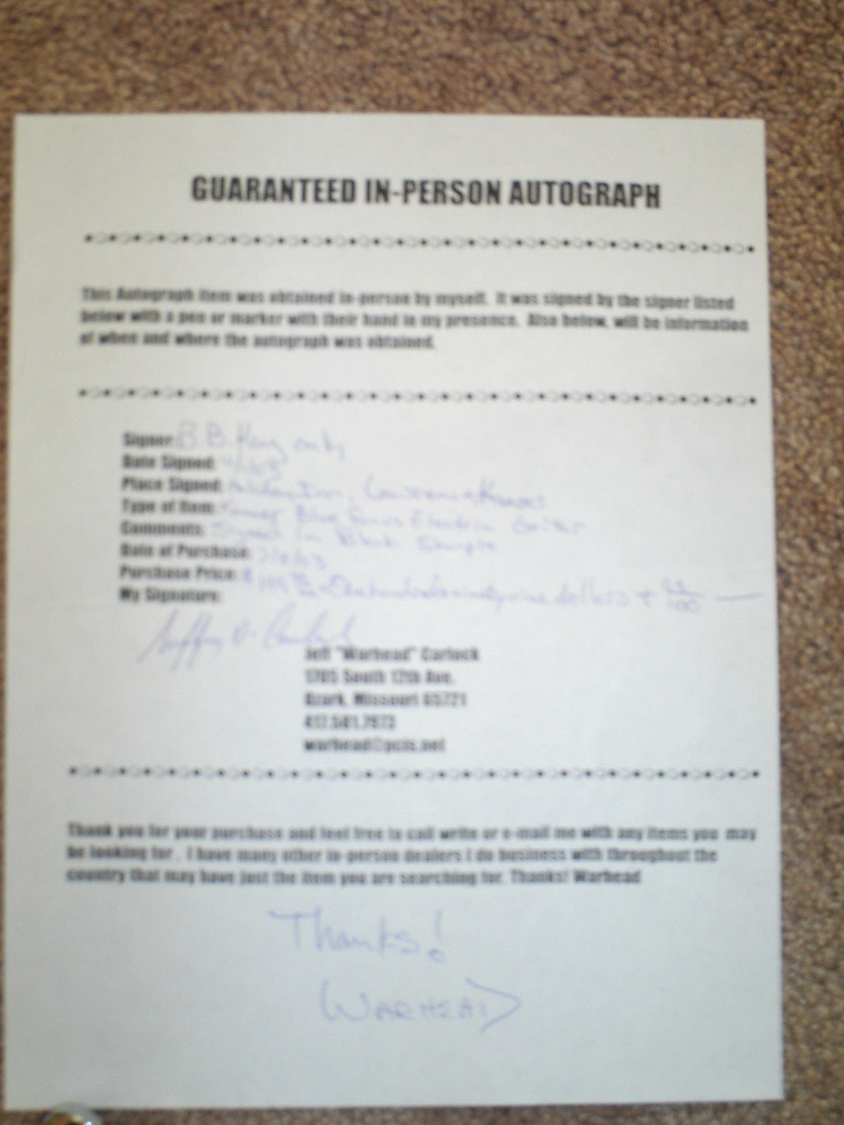 BB King autographed electric guitar