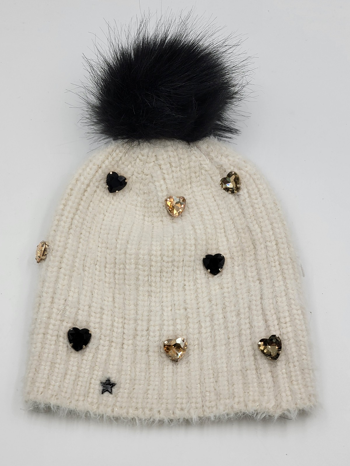 Jocelyn Faux Alpaca Crystal Embellished Hat Women's One Size Ivory Pom Pom Top - Picture 2 of 11