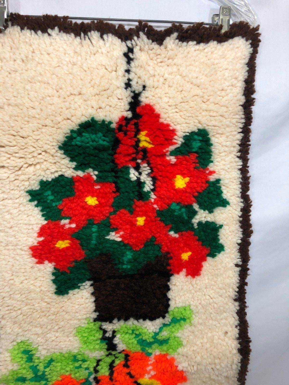 Vintage Flower Pots Latch Hook Rug Wall Hanging 45 1/2 x 16 Floral Handmade