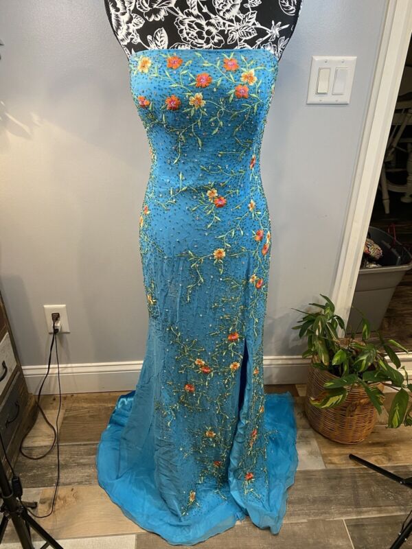Riva’ Designs Prom/gowns Womens Dress sz 16 Teal w/peach,yellow,green floral 