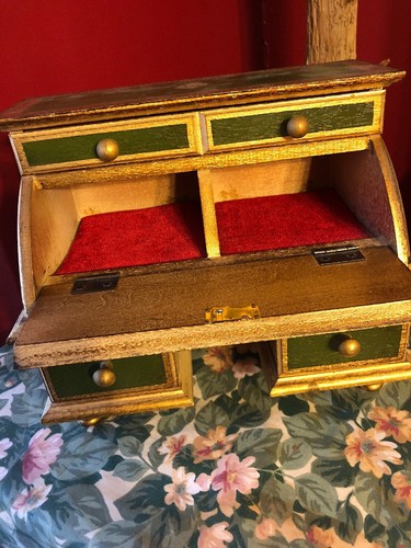 Vintage FLORENTINE ITALIAN SLANT TOP JEWELRY BOX Drop Front Key Locking Drawers
