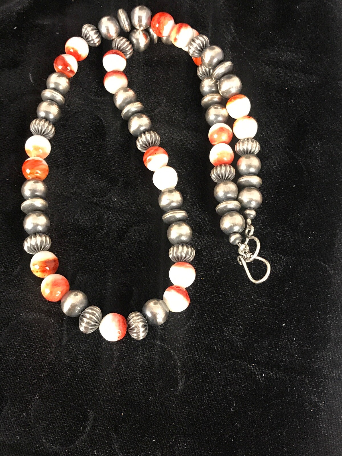 Pre-owned Handmade Spiny Oyster Navajo Sterling Silver Beads Necklace 21” 8533 In Orange