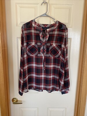 Tommy Hilfiger Women's Blue Plaid Pullover Tie Front Blouse Top Shirt XL NWOT