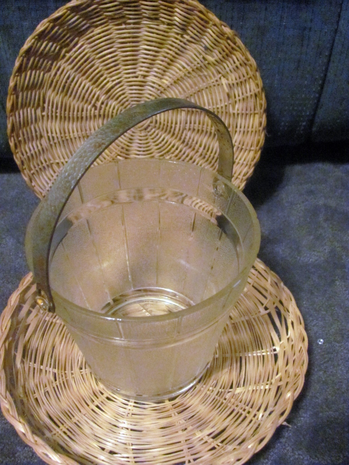 Vintage frosted Glass Ice Bucket with Silver hammered Handle wine cooler