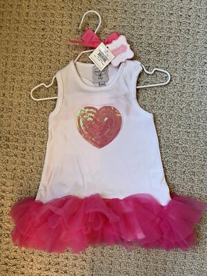MUD PIE BABY PINK SEQUIN HEART APPLIQUE TUNIC & TIGHTS 0-6 Months NWT