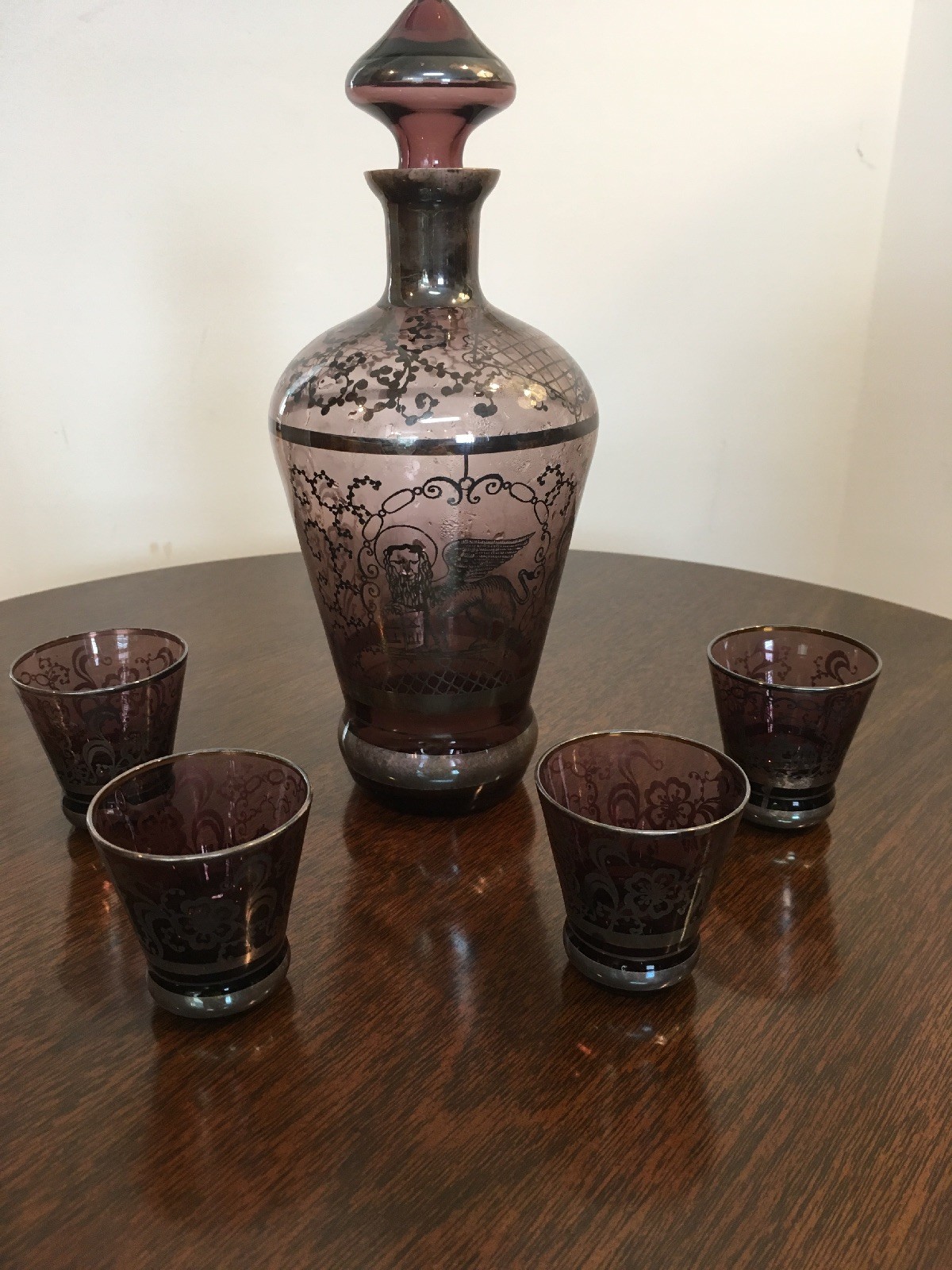 Silver Overlay purple Glass Decanter 4 Glasses Venice Winged Lion