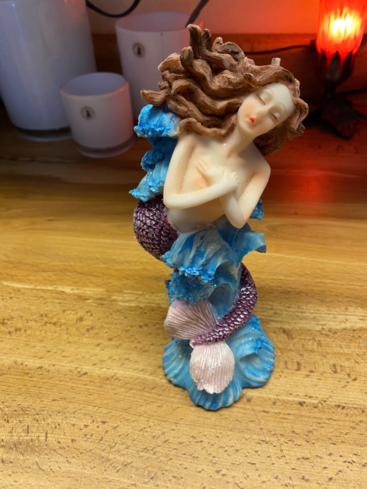 Purple Mermaid Figurine Poly Resin Glitter Fish Tank Aquarium Decor 7 1/4