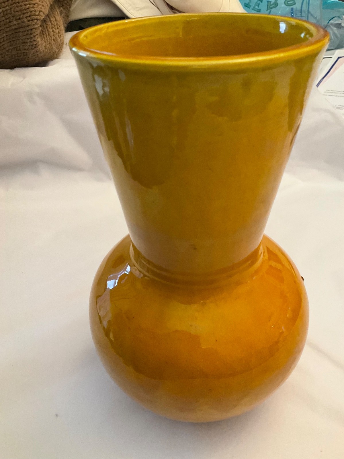Japanese Awaji Pottery Monochrome Yellow Glazed Vase w/ Produc...