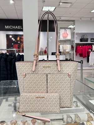 MICHAEL KORS JET SET TRAVEL MEDIUM TOTE SHOULDER BAG + WALLET MK VANILLA PINK