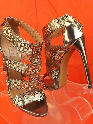 Pre-owned Paris Alaia Dark Silver Laser Cut Patent Leather Platform Sandals Pumps 40 $1550 In Dark Silver /beige