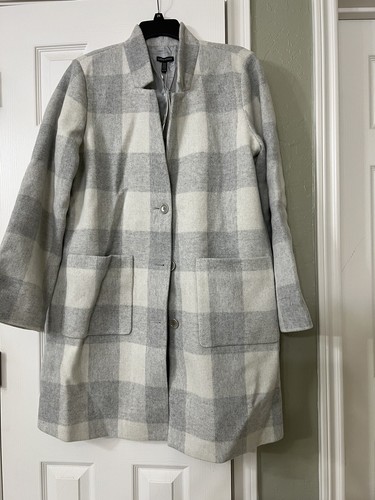 Pre-owned Eileen Fisher Xl  Darkpearl Wool Blend Multi Check Notch Collar Calf Len Coat In Gray