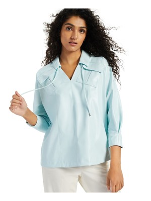 

ALFANI Женский голубой топ с воротником на шнурке и карманами, размер, Light blue