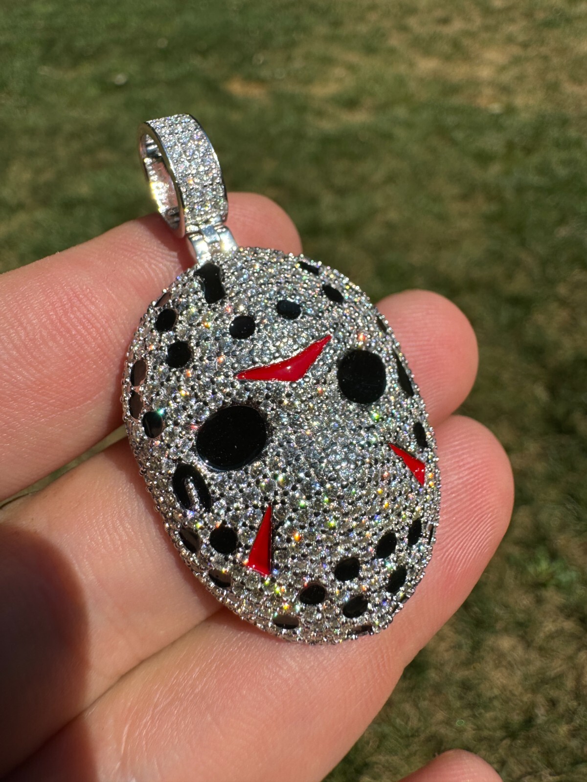 Pre-owned Hip Hop Real Moissanite Friday The 13th Jason Iced Pendant Necklace 925 Silver / Gold In White
