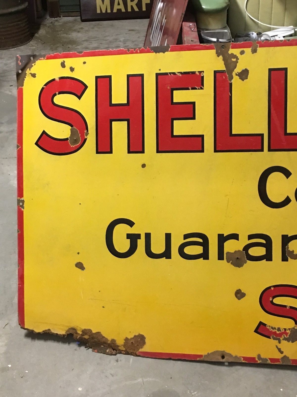 LARGE ORIGINAL Vintage SHELL SHELLUBRICATION Porcelain SIGN Gas Oil Patina OLD