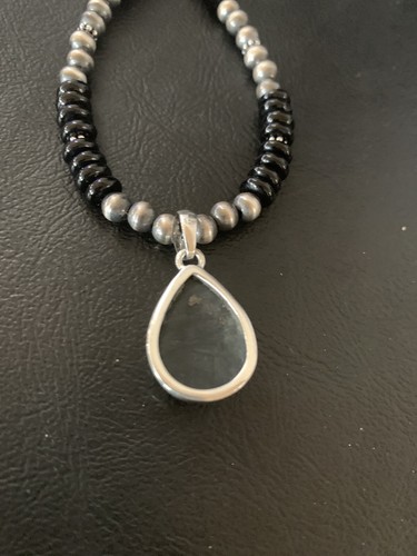 Pre-owned Handmade Mens Black Onyx Pendant Navajo Pearls Sterling Silver Necklace 11906