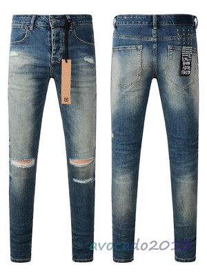 NEW KSUBI Men's Distressed Dark Blue Ripped Jeans Slim Fit Pants Casual Trousers