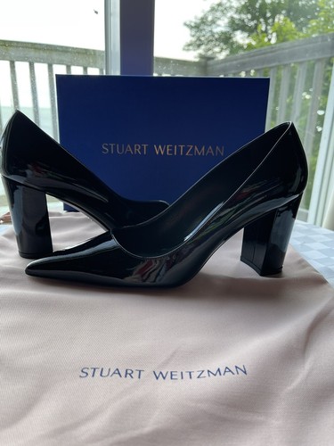 Pre-owned Stuart Weitzman Stuart 85 Black Patent Leather Block Heel Point Toe Pump 9m
