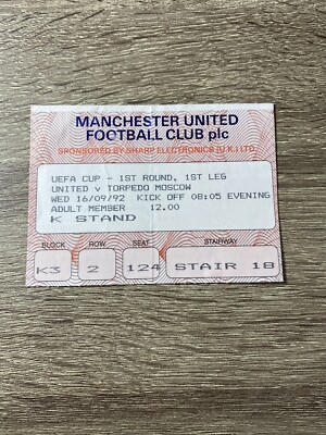 Manchester United v Torpedo Moscow Uefa Cup 1992 Gary Neville Pro Debut Ticket