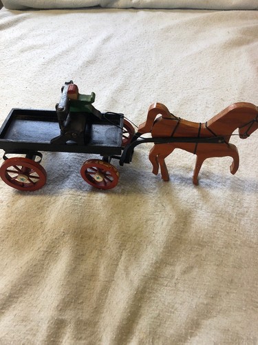 Vintage Folk Art Wood Horse Attached to Wood Buggy