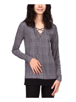 

MICHAEL KORS Женская черная туника с длинными рукавами и V-образным вырезом в ломаную клетку, Черный