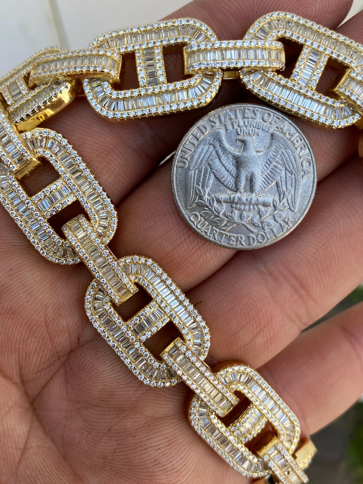 Pre-owned Silver Men's Real 14k Gold Plated Solid 925  Baguette Gucci Link Bracelet 15mm Cz