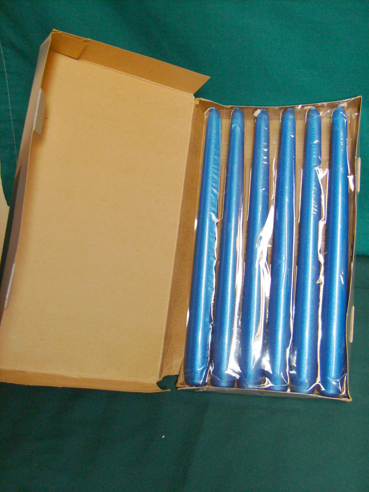 6 PARTYLITE METALLIC BLUE CANDLES IN BOX 10 IN.