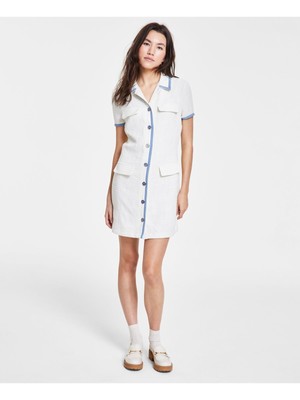 CITY STUDIO Womens Ivory Faux Pockets Button Down Short Shirt Dress Juniors XL