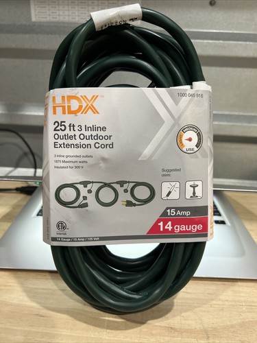 NEW!!! HDX Home Depot 25ft 14 Gauge 3 Inline Outlet Outdoor Extension Cord Green