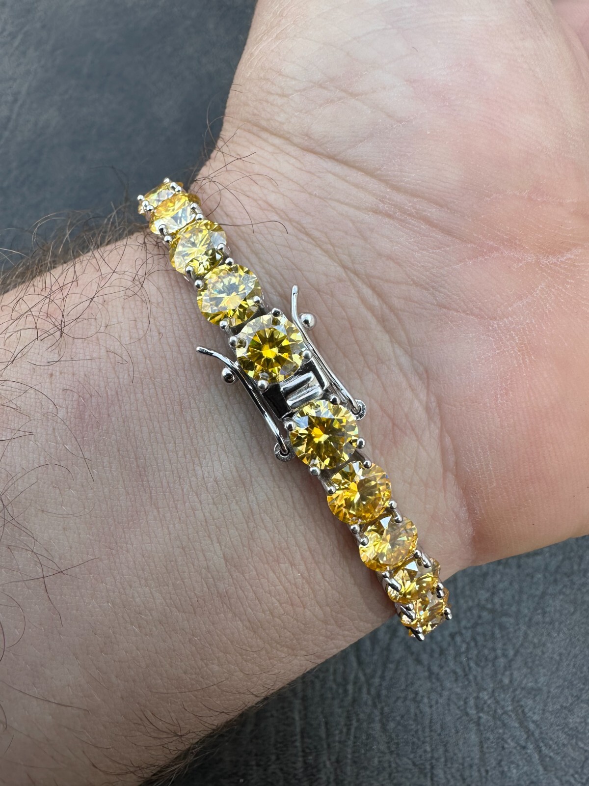 Pre-owned Silver Real Iced Canary Yellow Moissanite 7mm Tennis Bracelet 925  Diamond Tester
