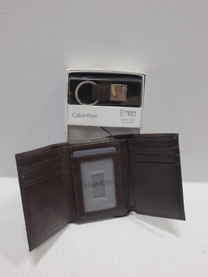 CALVIN KLEIN BROWN LEATHER TRIFOLD KEY FOB SET