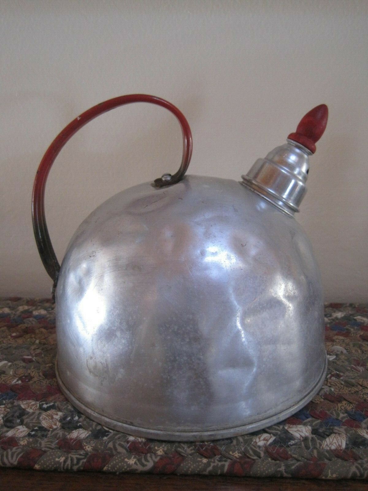 Vintage ALCOA Pure Aluminum ROUND Whistling TEA KETTLE Pot RED HANDLE