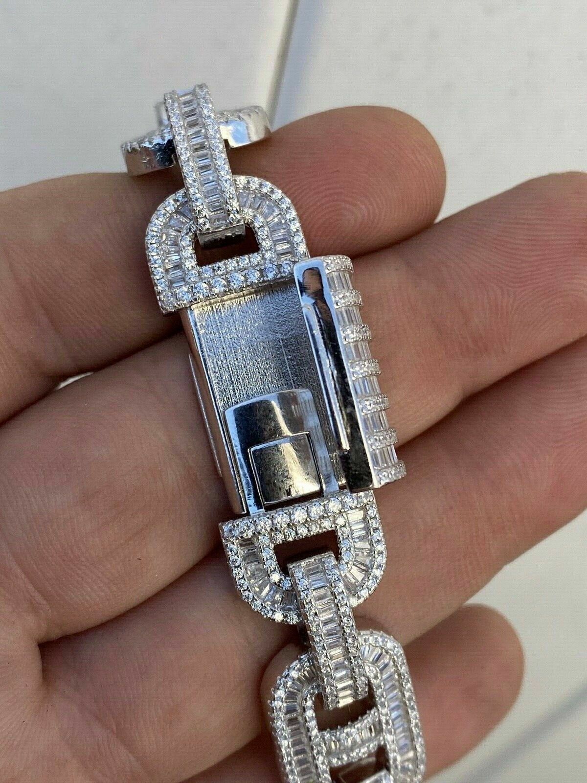 Pre-owned Silver Solid 925 Sterling  Baguette Gucci Link Chain Iced 15mm Thick Bust Down Cz In White/colorless