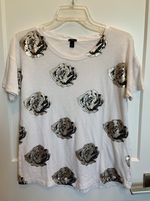 J. Crew Pop Art Rose Tee, Size M, Ivory, Gold, Cotton
