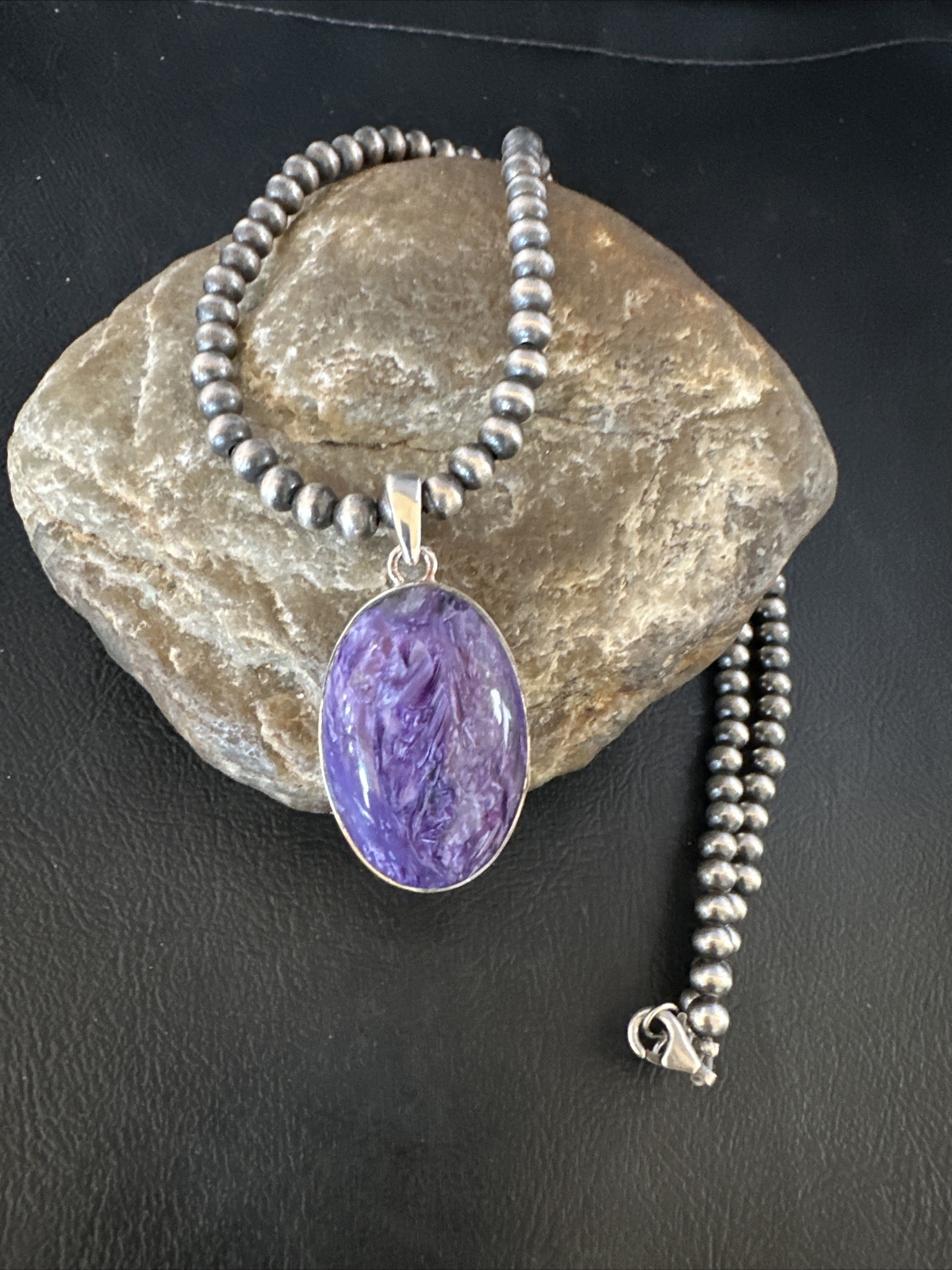 Navajo Purple Stone Pendant Sterling Silver Bead Necklace