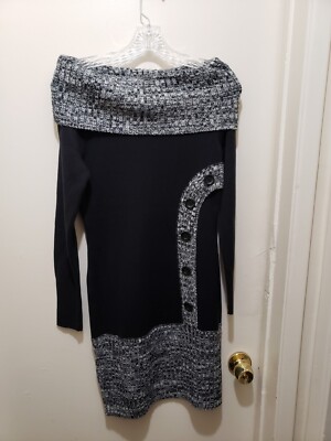 Venus Sweater Dress Womens Small Black Gray Cowl Neck Off The Shoulder NWOT