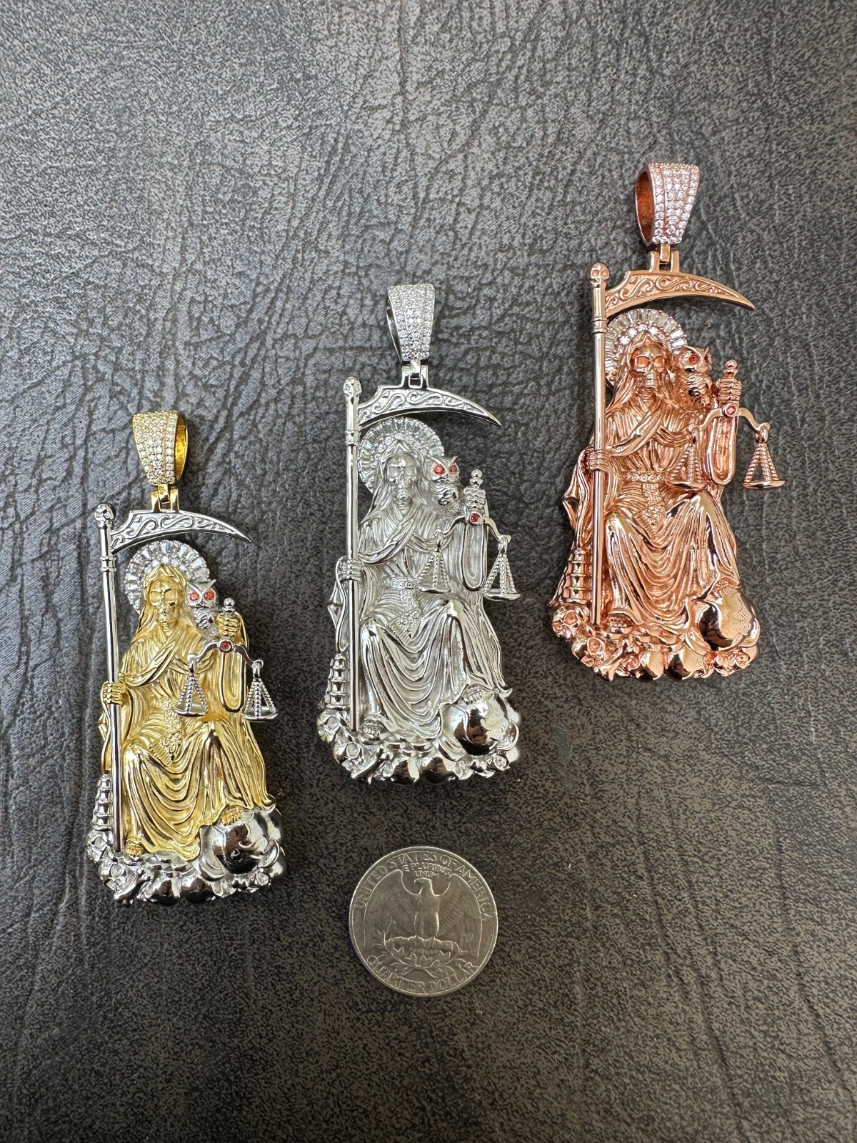 Pre-owned Harlembling Moissanite Santa Muerte Grim Reaper Pendant 925 Silver / 14k Gold Rose Necklace In White