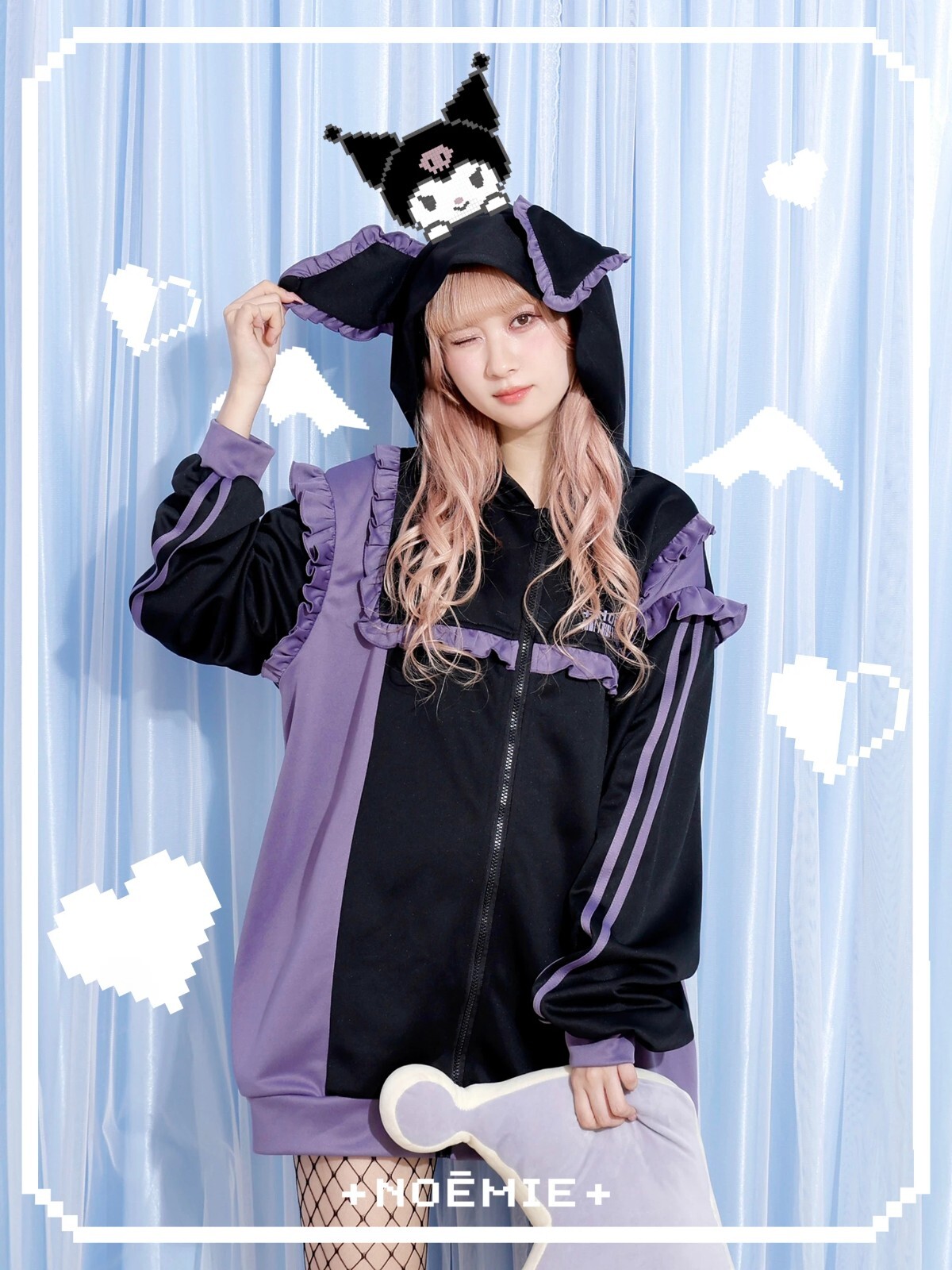 Sanrio Kuromi Frill Jersey Hoodie with ears Black Japan